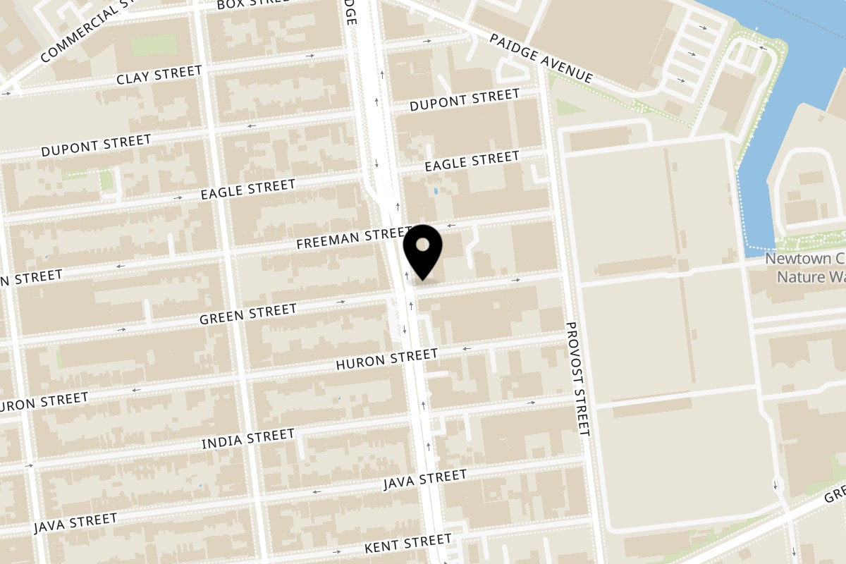 Map showing the location of Casanova Restaurant on 338 McGuinness Blvd in Brooklyn
